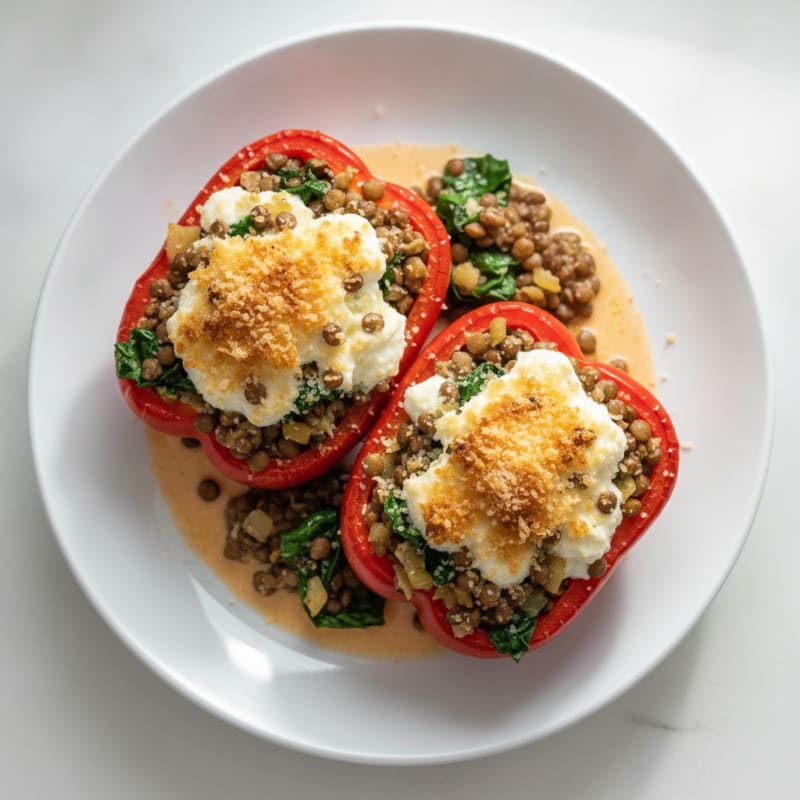 Lentil and Ricotta Stuffed Bell Peppers with Baked Parmesan Crust