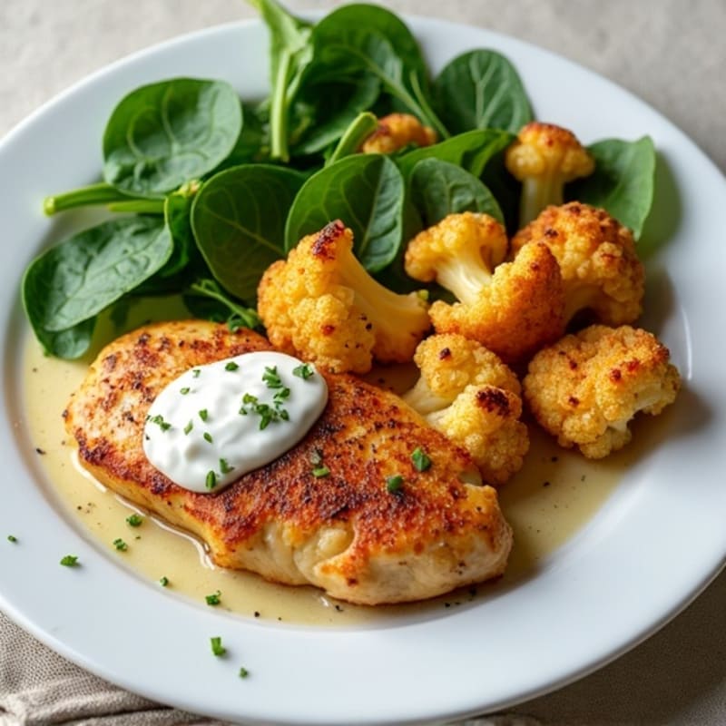 Creamy Spiced Chicken with Roasted Cauliflower and Fresh Spinach