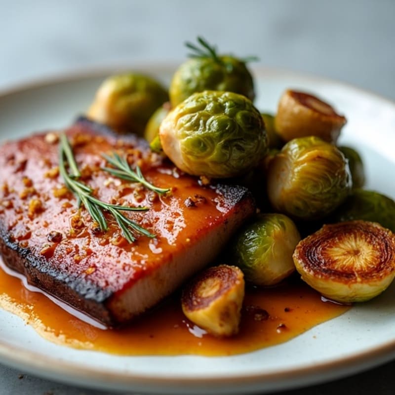 Tender Slow-Braised Pork Belly with Crispy Roasted Brussels Sprouts