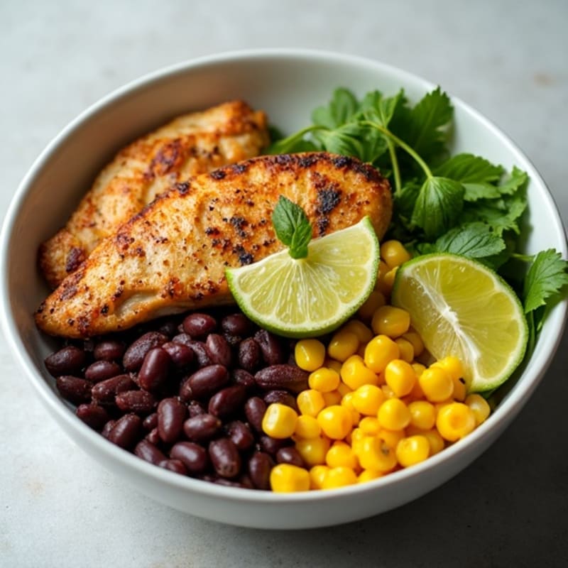 Grilled Chicken and Black Bean Bowl with Roasted Corn and Creamy Avocado