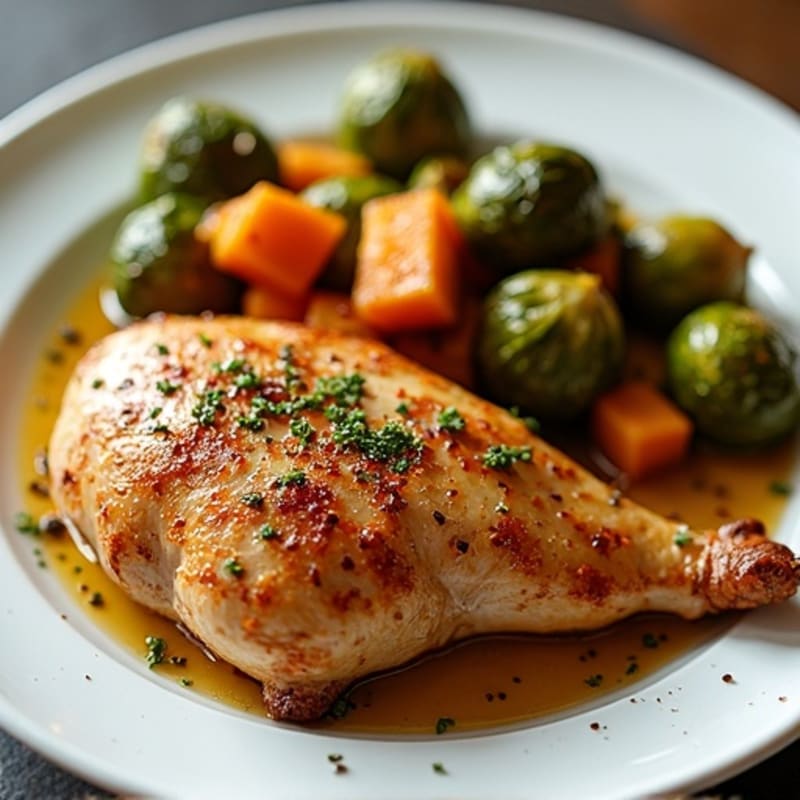 Roasted Sweet Potato and Chicken with Crispy Brussels Sprouts
