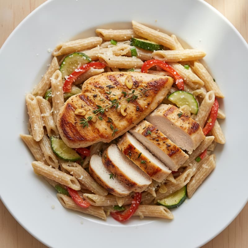 Garlic Herb Chicken Breast with Creamy Veggie Pasta