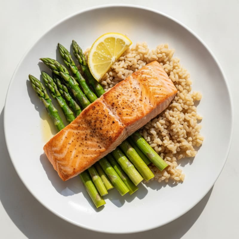 Seared Salmon with Steamed Asparagus and Brown Rice