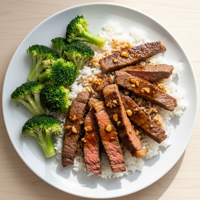 Seared Beef Strips with Steamed Rice and Broccoli