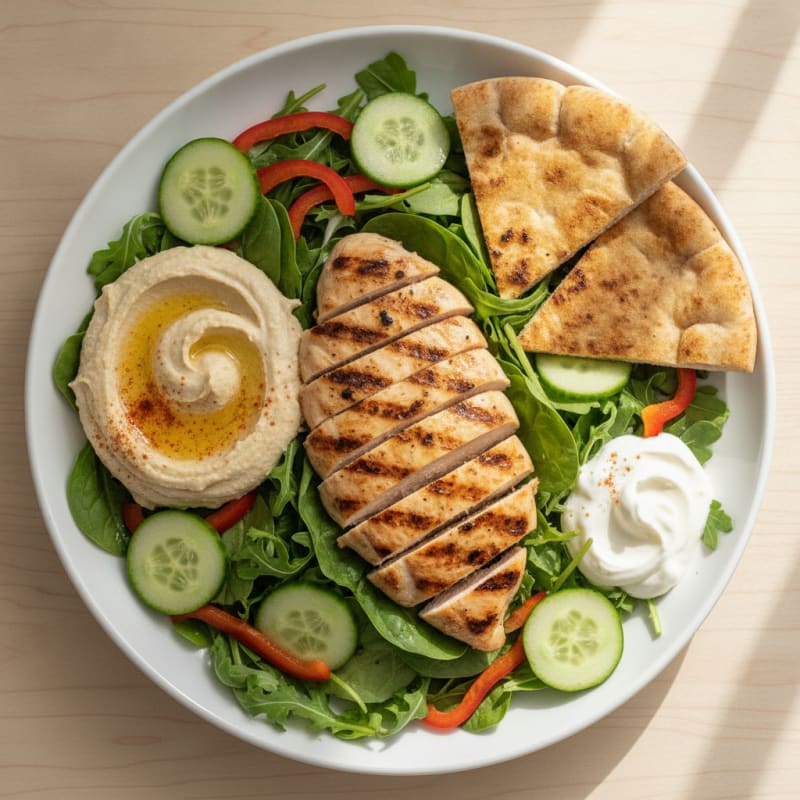 Grilled Chicken and Hummus Salad with Cucumbers and Peppers