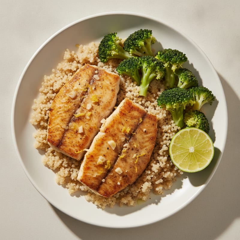 Seared Tilapia with Steamed Broccoli and Quinoa