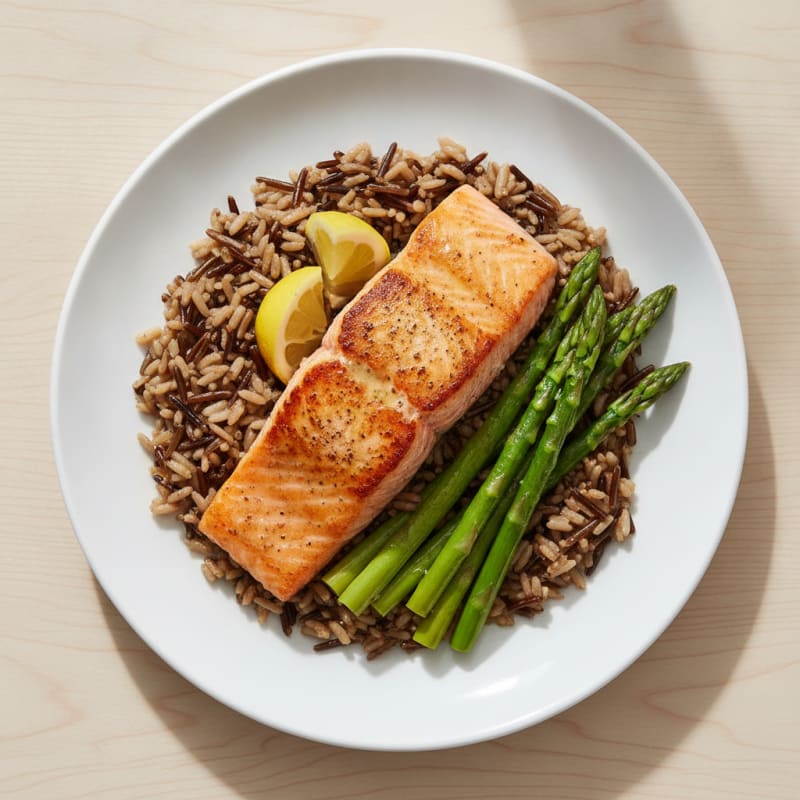 Seared Salmon with Steamed Asparagus and Wild Rice
