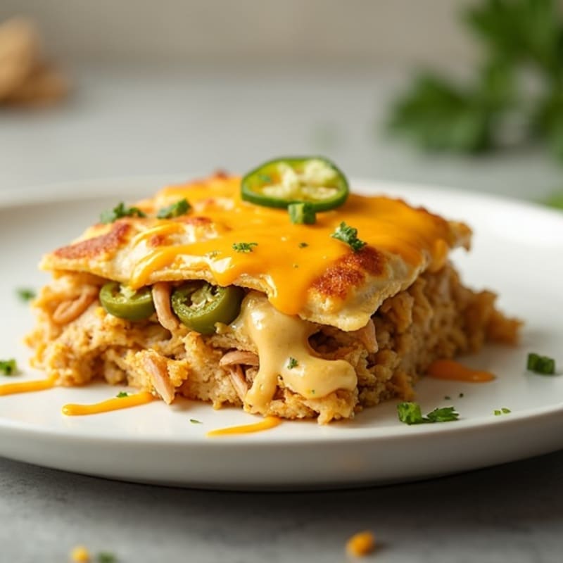 Shredded Chicken and Green Chile Tortilla Bake with Melted Cheese