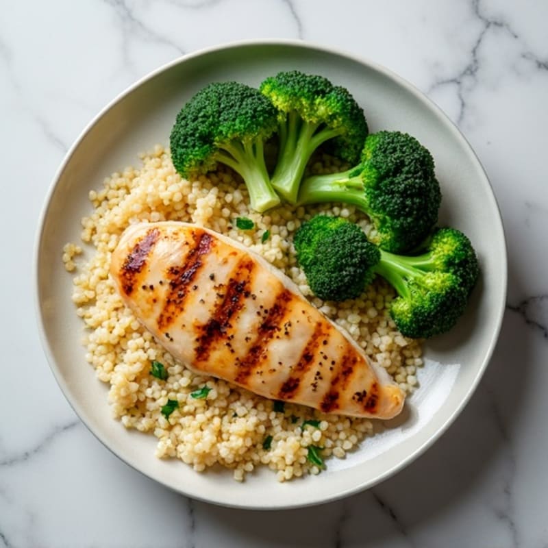 Grilled Chicken Breast with Steamed Broccoli and Quinoa