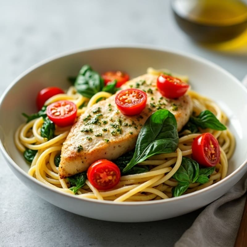 Chicken Pesto Pasta with Roasted Cherry Tomatoes and Spinach
