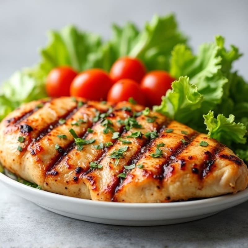 Grilled Chicken Breast with Crisp Romaine and Cherry Tomato Salad