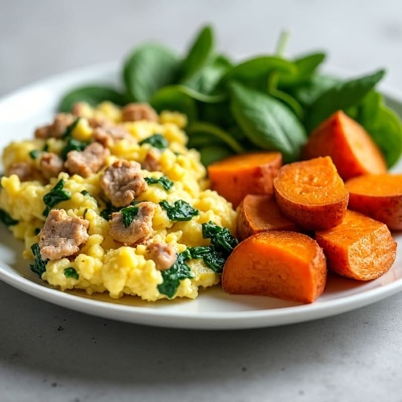 Egg White and Turkey Spinach Scramble with Roasted Sweet Potatoes