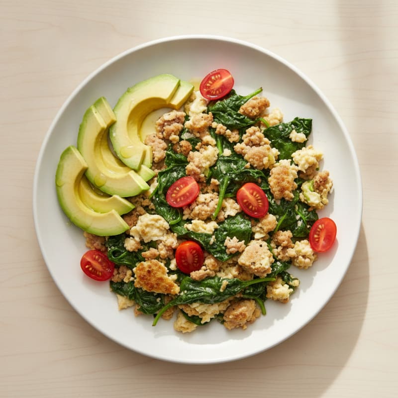 Egg White and Turkey Sausage Scramble with Sautéed Spinach