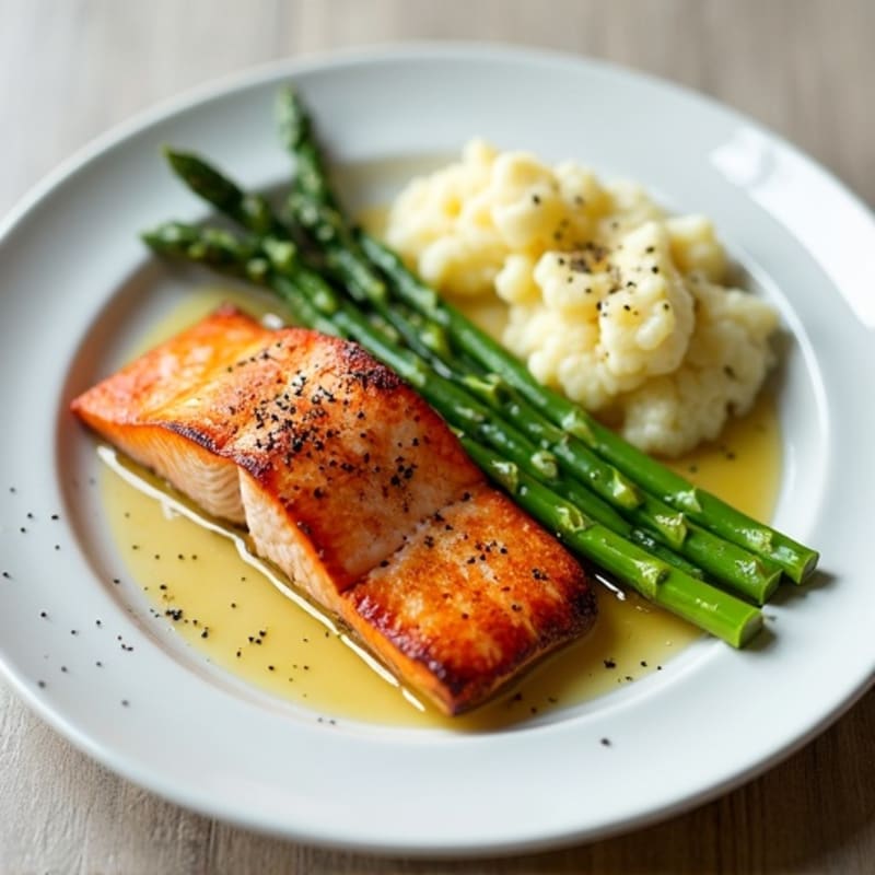 Seared Salmon with Steamed Asparagus and Mashed Cauliflower