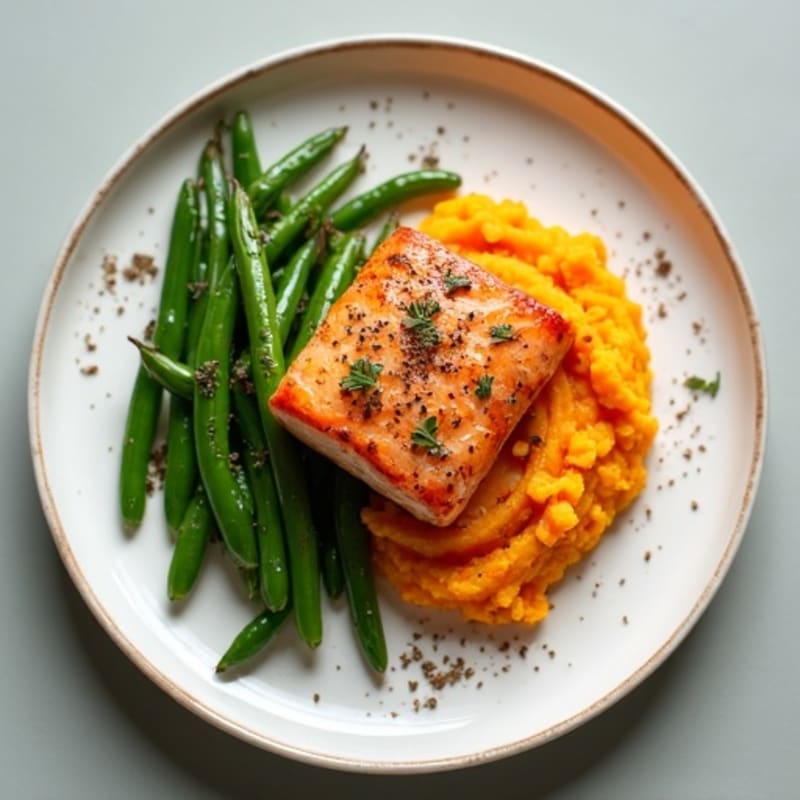 Seared Salmon with Garlic Green Beans and Sweet Potato Mash