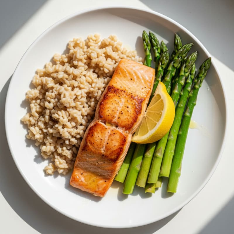 Seared Salmon with Steamed Asparagus and Brown Rice