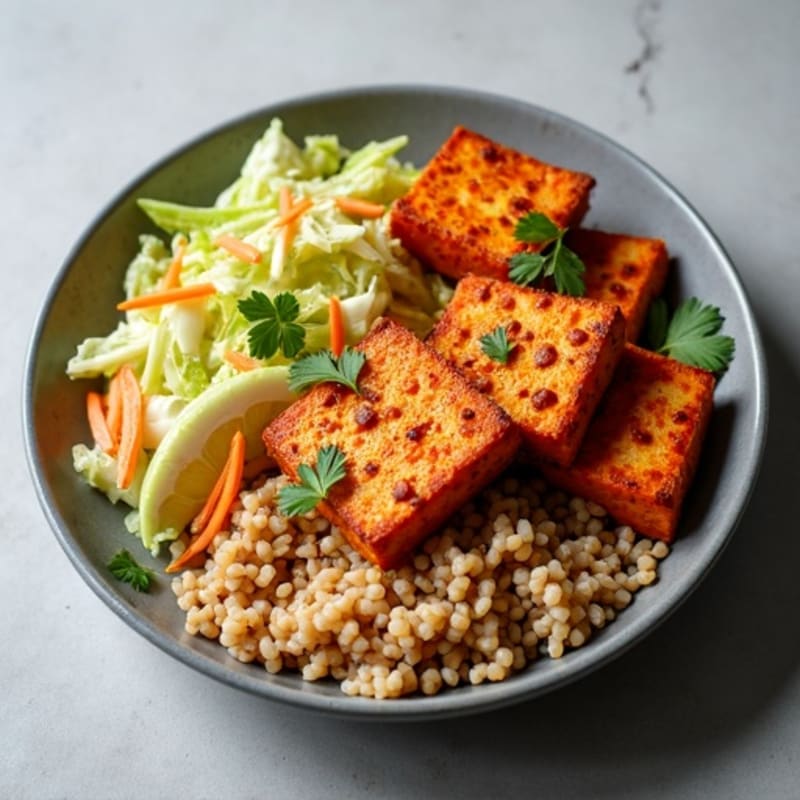 Spicy Peanut Tempeh with Crunchy Cabbage Slaw and Brown Rice