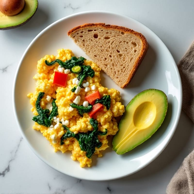 Egg White Veggie Scramble with Cottage Cheese and Sautéed Spinach