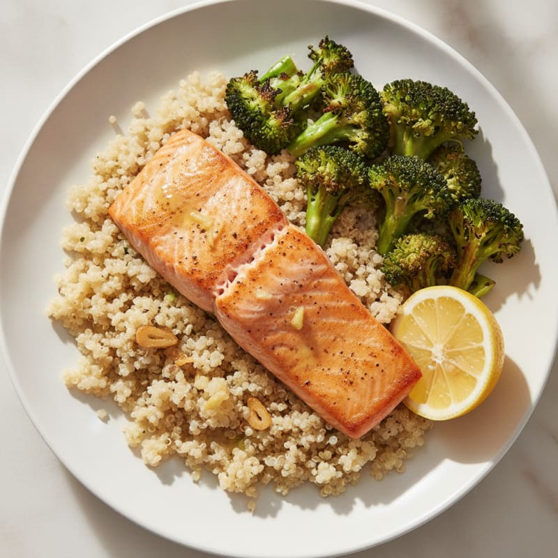 Seared Salmon Fillet with Roasted Broccoli and Quinoa