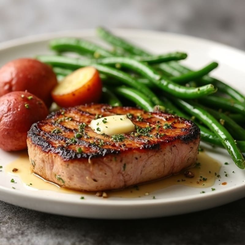 Garlic Butter Pan-Seared Steak with Roasted Potatoes and Green Beans
