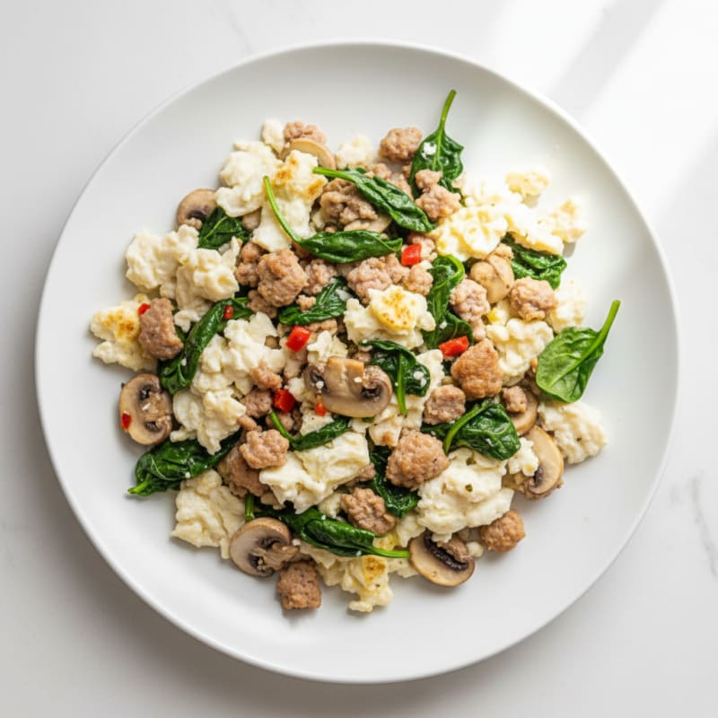 Egg White and Turkey Sausage Scramble with Spinach and Sautéed Mushrooms