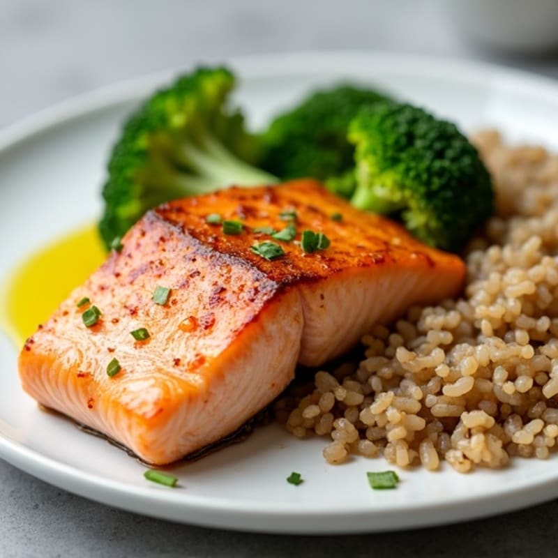 Seared Salmon with Steamed Broccoli and Brown Rice
