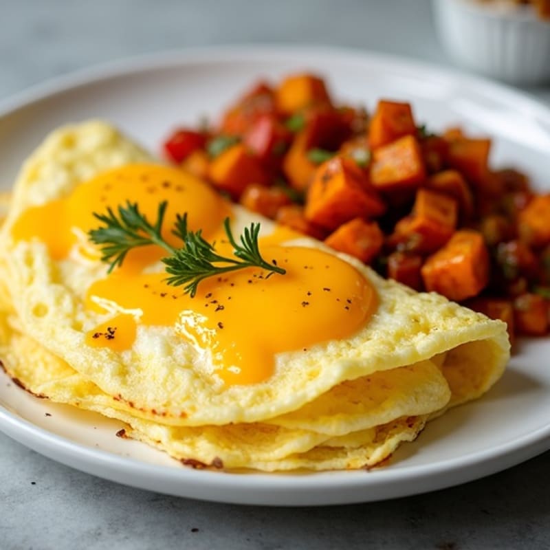 Fluffy Egg Omelette with Crispy Roasted Sweet Potato Hash