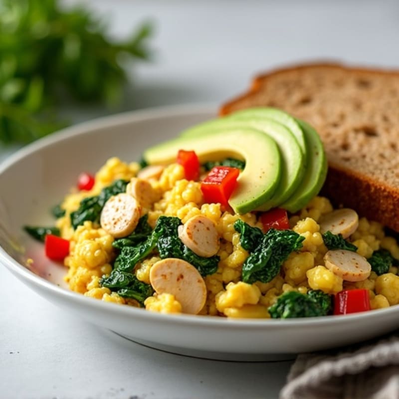 Chicken and Spinach Egg White Scramble with Sautéed Peppers