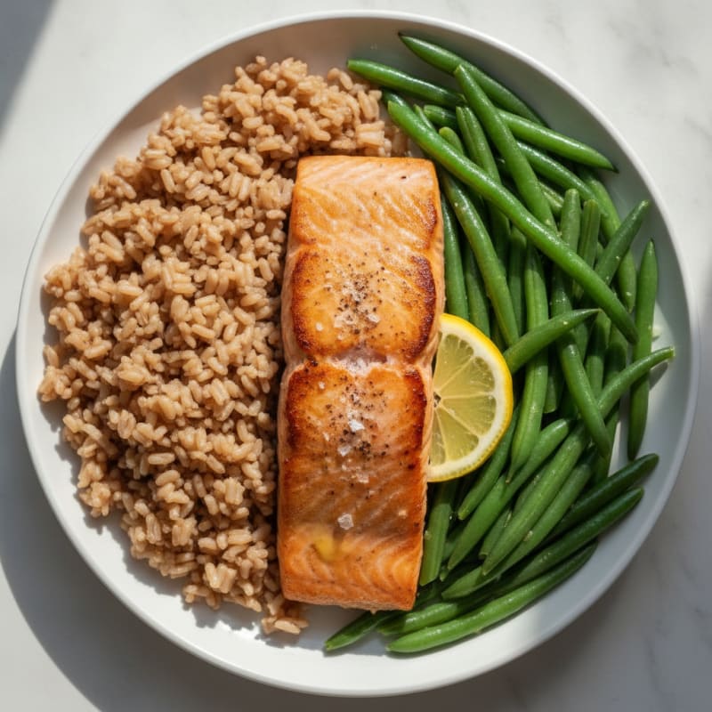 Seared Salmon with Steamed Green Beans and Brown Rice