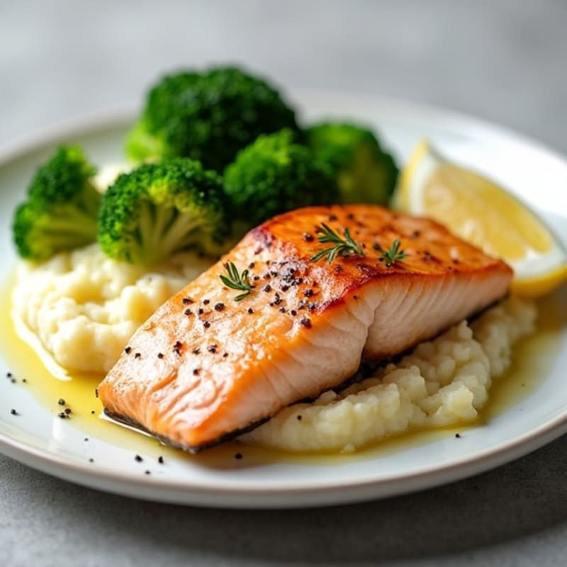 Seared Salmon with Garlic Mashed Potatoes and Steamed Broccoli