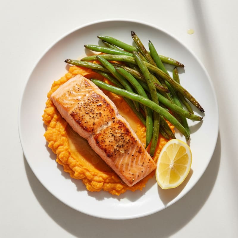Seared Salmon Fillet with Roasted Green Beans and Sweet Potato Mash