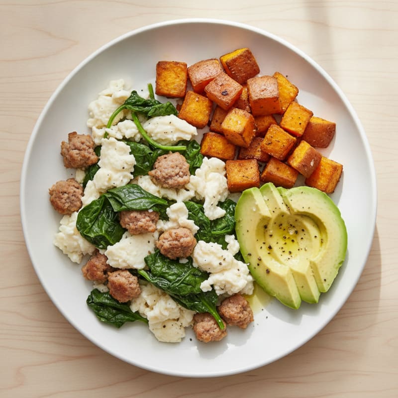 Egg White and Spinach Scramble with Turkey Sausage