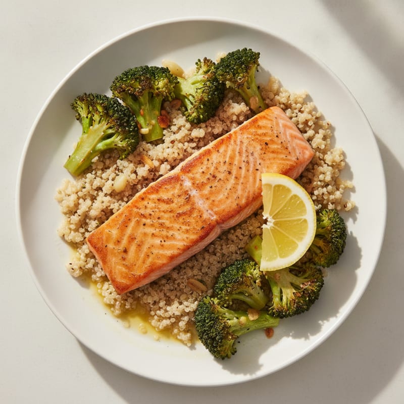 Seared Salmon Fillet with Roasted Broccoli and Quinoa