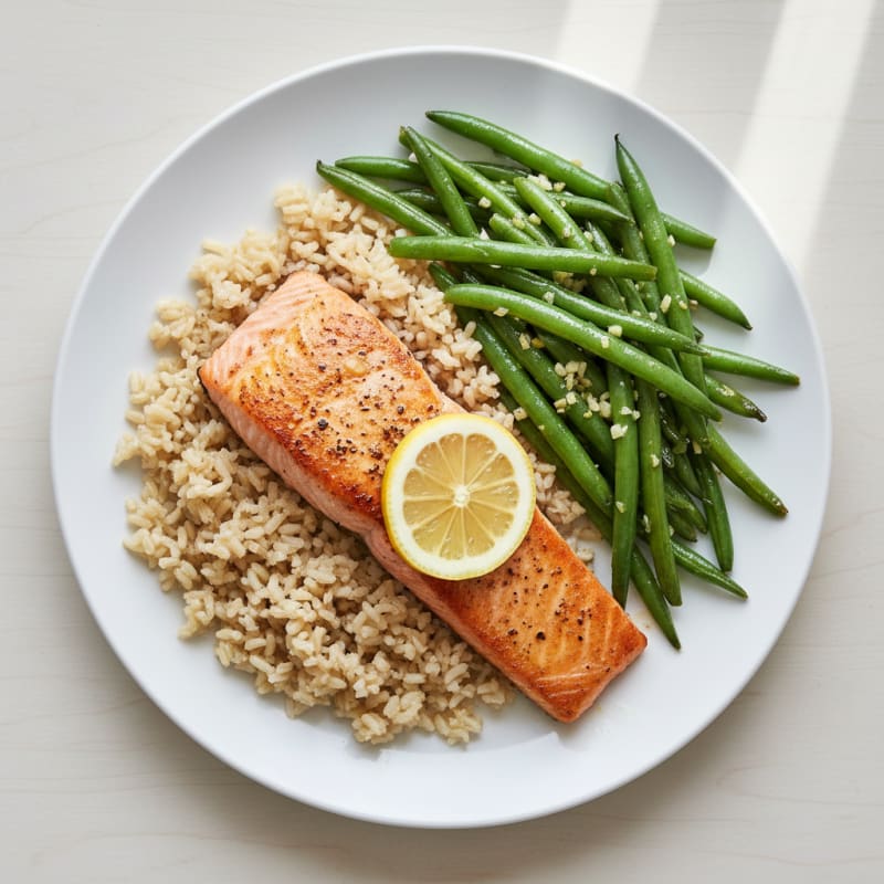 Seared Salmon with Garlic Green Beans and Brown Rice