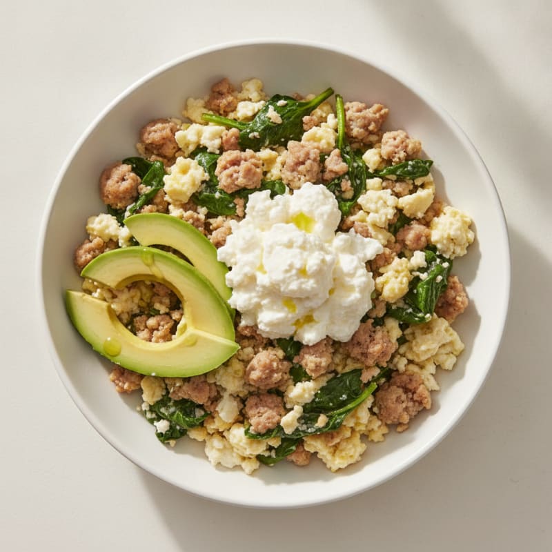 Egg White and Turkey Sausage Scramble with Cottage Cheese and Spinach