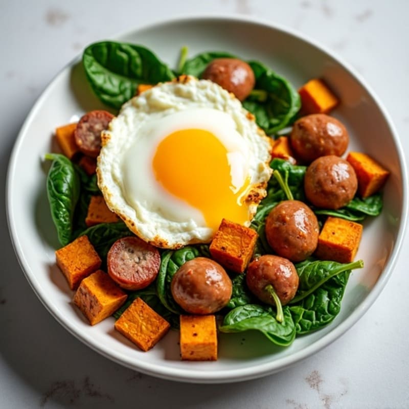 Egg White and Turkey Sausage Scramble with Spinach and Roasted Sweet Potato