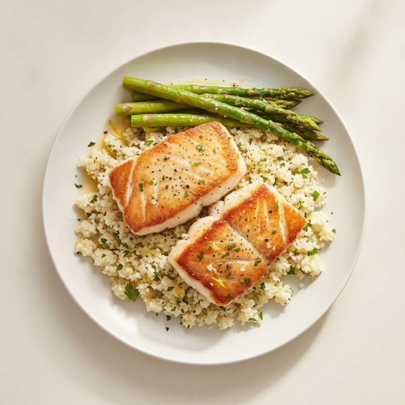 Pan-Seared Halibut with Lemon-Garlic Cauliflower Rice