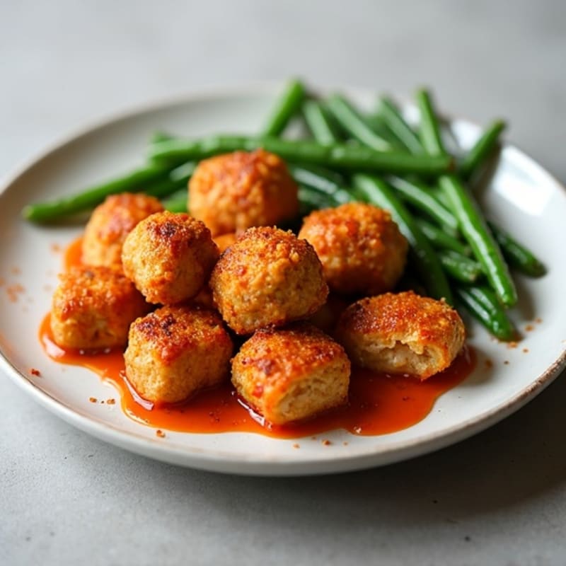 Crispy Buffalo Chicken Meatballs with Roasted Green Beans