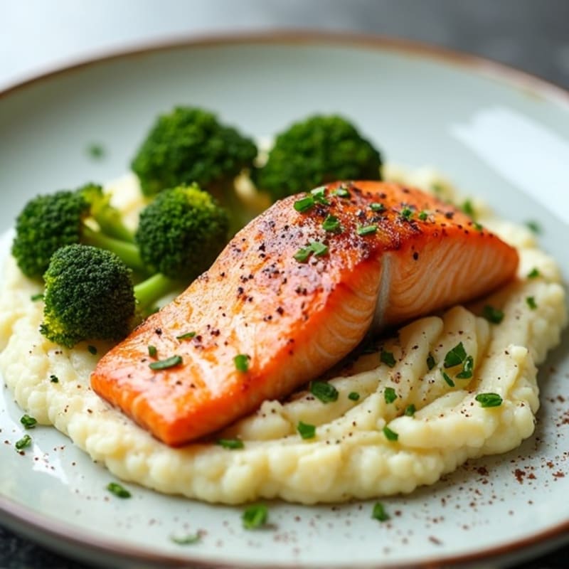 Seared Salmon with Roasted Broccoli and Cauliflower Mash