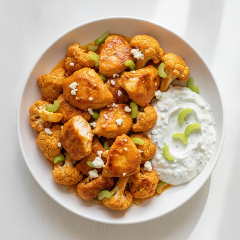 Buffalo Cauliflower Chicken Bites with Blue Cheese Dip