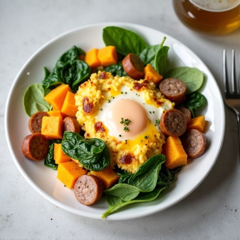 Egg White and Turkey Sausage Scramble with Spinach and Sweet Potato