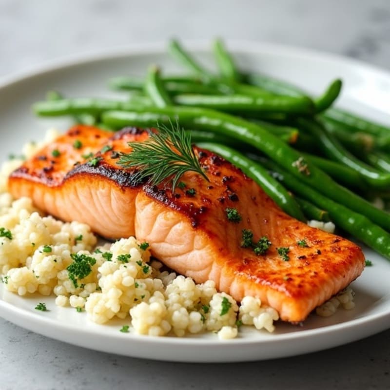 Seared Salmon with Steamed Green Beans and Herbed Cauliflower Rice