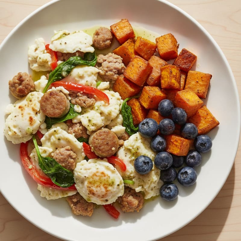 Scrambled Egg Whites with Turkey Sausage and Roasted Sweet Potato