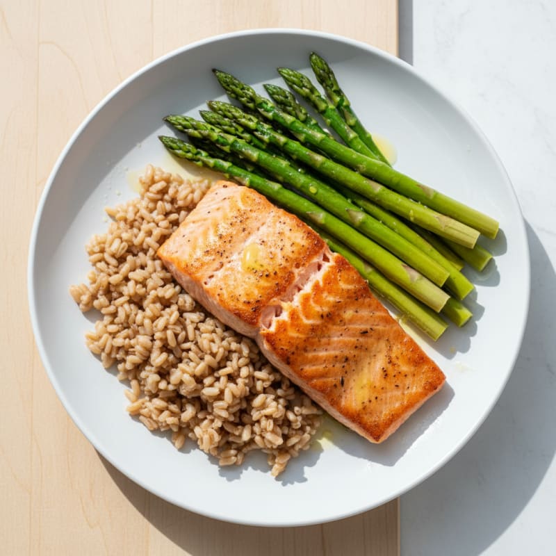 Seared Salmon with Steamed Asparagus and Brown Rice