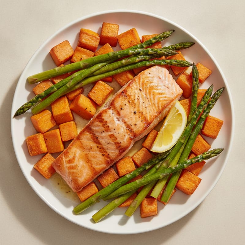 Seared Salmon with Roasted Sweet Potatoes and Asparagus