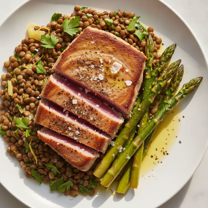 Seared Tuna Steak with Roasted Asparagus and Lentil Salad