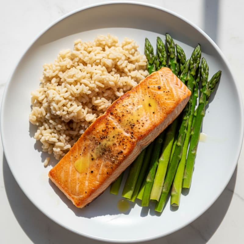 Seared Salmon with Steamed Asparagus and Brown Rice