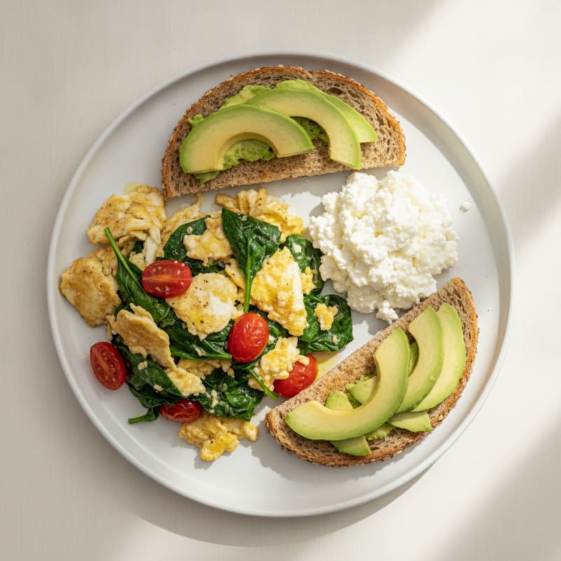 Egg White and Spinach Scramble with Cottage Cheese and Cherry Tomatoes