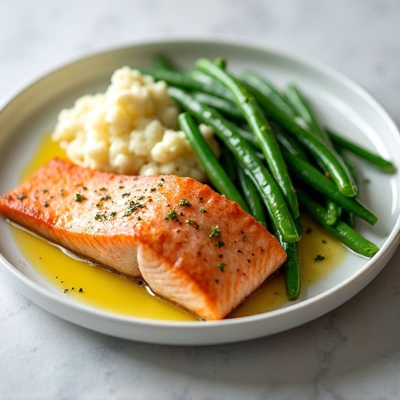 Seared Salmon with Steamed Green Beans and Garlic Mashed Cauliflower