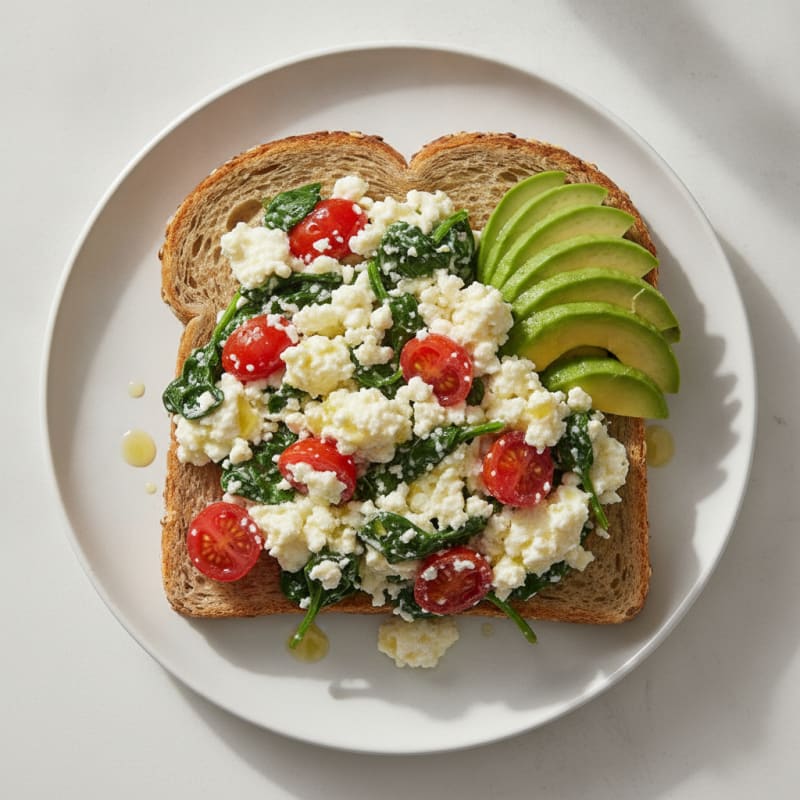 Cottage Cheese Egg White Scramble with Sautéed Spinach and Cherry Tomatoes